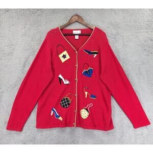Susan‎ Graver Button Front Cardigan Women XL Red Novelty Embellished V Neck R68